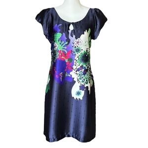 DEPT Blue Multicolor Floral Slip Dress Sz Satin Cap Sleeve Keyhole Neck Unlined